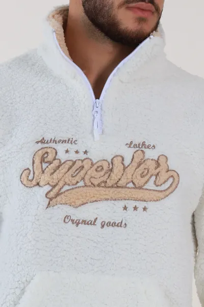 Beyaz Relaxed Fit Yazı Detaylı Yarım Fermuarlı Peluş Kanguru Sweatshirt 314248