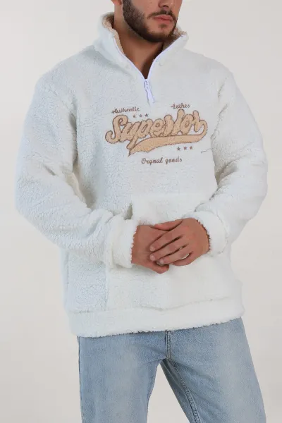 Beyaz Relaxed Fit Yazı Detaylı Yarım Fermuarlı Peluş Kanguru Sweatshirt 314248