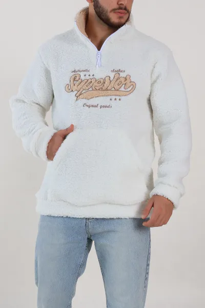 beyaz-relaxed-fit-yazi-detayli-yarim-fermuarli-pelus-kanguru-sweatshirt-314248