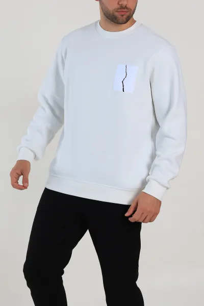 Beyaz Relaxed Üç İp Şardonlu Baskı Detaylı Erkek Sweatshirt 311193
