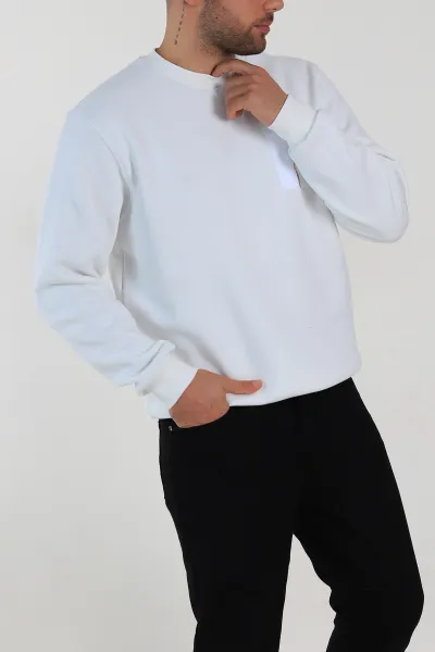 Beyaz Relaxed Üç İp Şardonlu Baskı Detaylı Erkek Sweatshirt 311193
