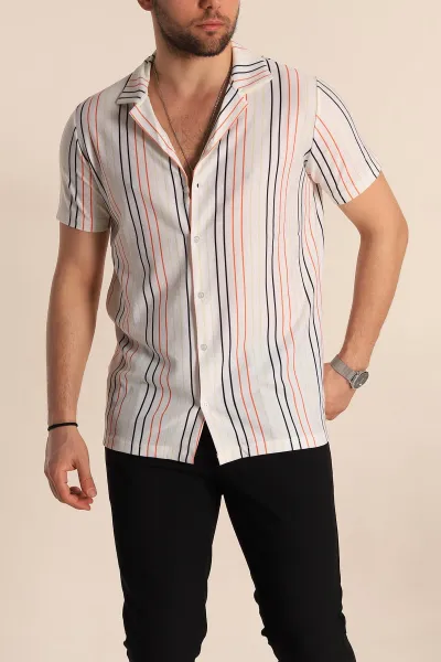Beyaz Renkli Çizgili Slim Fit Apaş Yaka Erkek Gömlek 263331