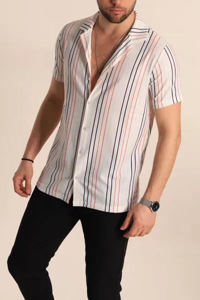 Beyaz Renkli Çizgili Slim Fit Apaş Yaka Erkek Gömlek 263331