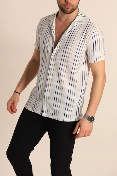 Beyaz Renkli Çizgili Slim Fit Apaş Yaka Erkek Gömlek 263897