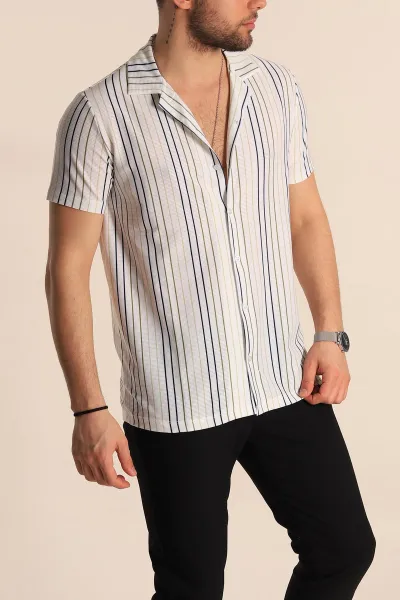 Beyaz Renkli Çizgili Slim Fit Apaş Yaka Erkek Gömlek 263897