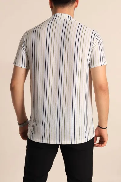 Beyaz Renkli Çizgili Slim Fit Apaş Yaka Erkek Gömlek 263897