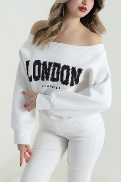 Beyaz Ribanalı Şardonlu Üç İp Kadın Sweat 497594