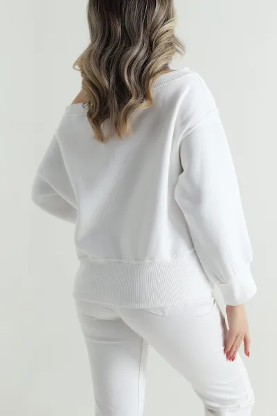 Beyaz Ribanalı Şardonlu Üç İp Kadın Sweat 497594