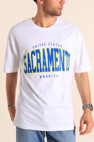 Beyaz Sacramento Baskılı Oversize Erkek Tişört 186063