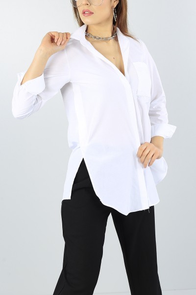 Beyaz Saklı Düğmeli Poplin Kumaş Bayan Gömlek 55095