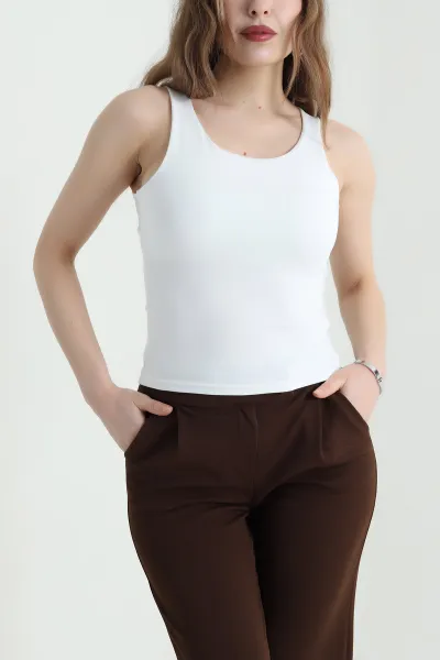 Beyaz Sandy Likralı Kolsuz Bluz 438985