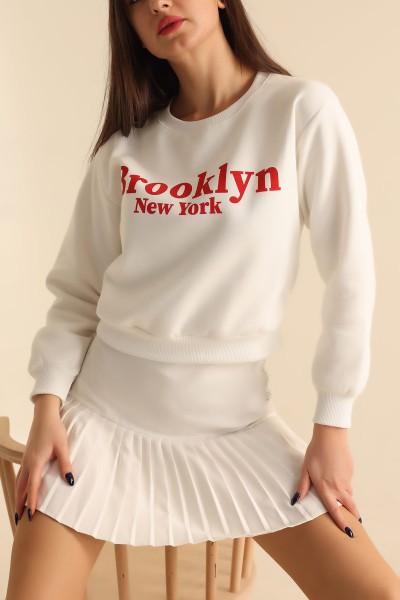 Beyaz Şardonlu Baskılı Bayan Sweat 219374