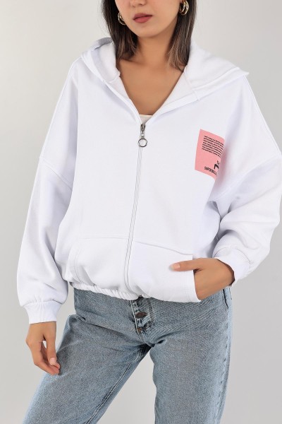 Beyaz Şardonlu Bayan Fermuarlı Sweat 132391