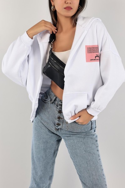 Beyaz Şardonlu Bayan Fermuarlı Sweat 132391