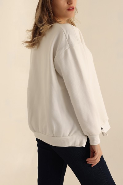 Beyaz Şardonlu Fermuar Detay Sweat 224468