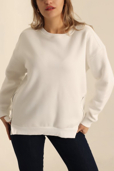 Beyaz Şardonlu Fermuar Detay Sweat 224468