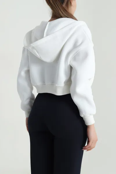 Beyaz Şardonlu Fermuarlı Üç İp Kadın Sweat 485059
