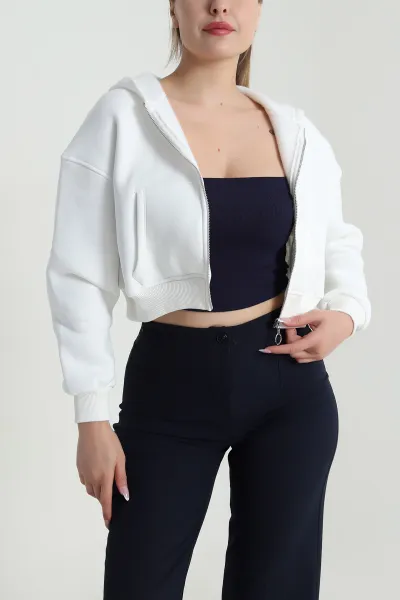 Beyaz Şardonlu Fermuarlı Üç İp Kadın Sweat 485059