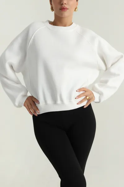 Beyaz Şardonlu Kadın Fermuarsız Sweat 392395