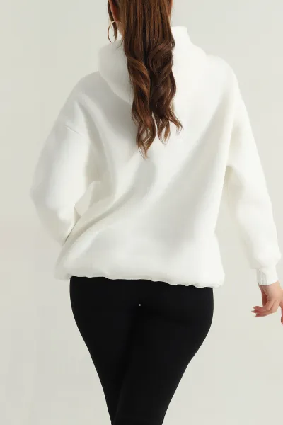 Beyaz Şardonlu Kadın Fermuarsız Sweat 400555