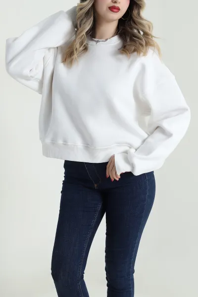 Beyaz Şardonlu Kadın Fermuarsız Sweat 492219