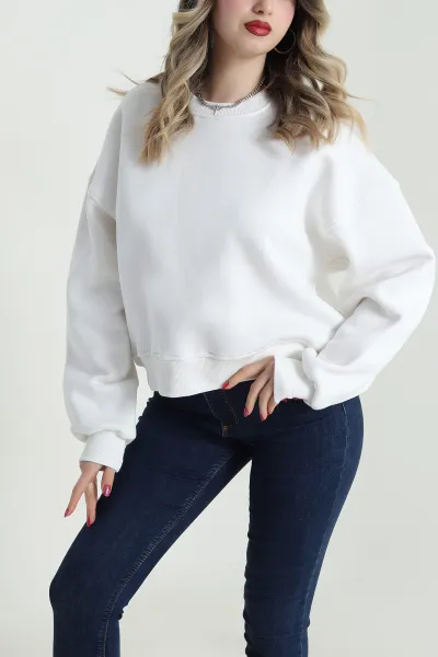 Beyaz Şardonlu Kadın Fermuarsız Sweat 492219