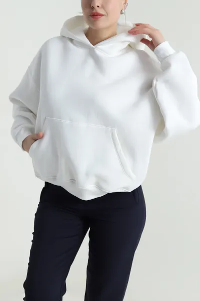 Beyaz Şardonlu Kapşonlu Oversize Üç İp Kadın Sweat 493830