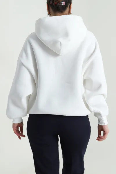 Beyaz Şardonlu Kapşonlu Oversize Üç İp Kadın Sweat 493830
