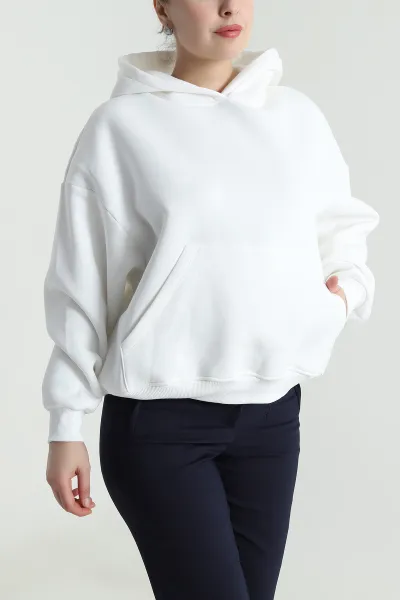 Beyaz Şardonlu Kapşonlu Oversize Üç İp Kadın Sweat 493830
