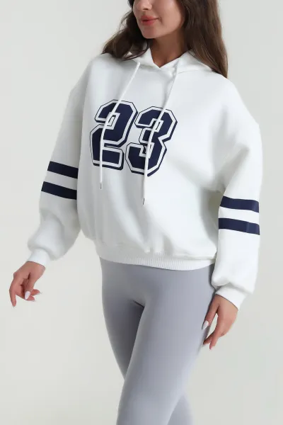 Beyaz Şardonlu Kapşonlu Üç İp Kadın Sweat 485077