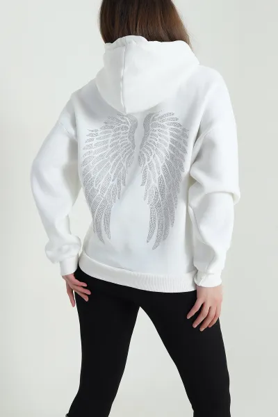 Beyaz Şardonlu Kapşonlu Üç İp Kadın Sweat 494329