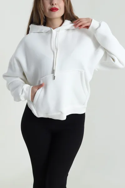 Beyaz Şardonlu Kapşonlu Üç İp Kadın Sweat 494329