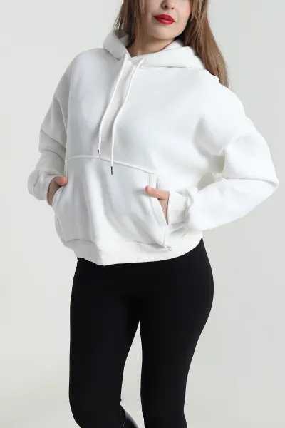 Beyaz Şardonlu Kapşonlu Üç İp Kadın Sweat 494329