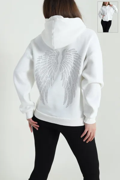 Beyaz Şardonlu Kapşonlu Üç İp Kadın Sweat 494329