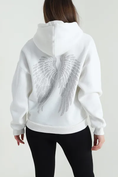 Beyaz Şardonlu Kapşonlu Üç İp Kadın Sweat 494329