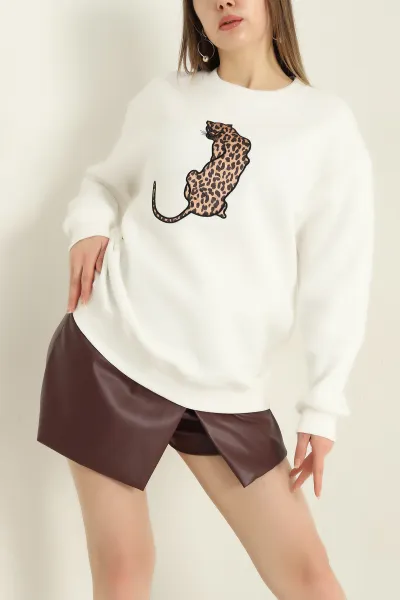 Beyaz Şardonlu Leopar Desenli Üç İp Bayan Sweat 331742
