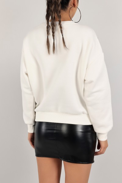 Beyaz Şardonlu Nakışlı Bayan Sweat 143465