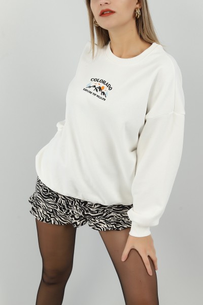 Beyaz Şardonlu Nakışlı Bayan Sweat 144414