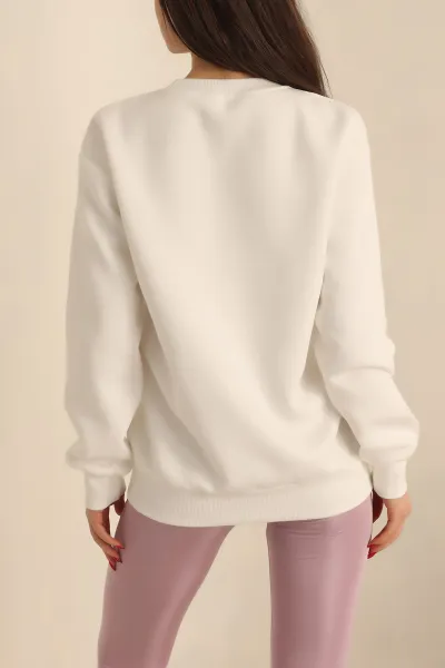 Beyaz Şardonlu Nakışlı Bayan Sweat 237619