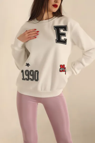 Beyaz Şardonlu Nakışlı Bayan Sweat 237619
