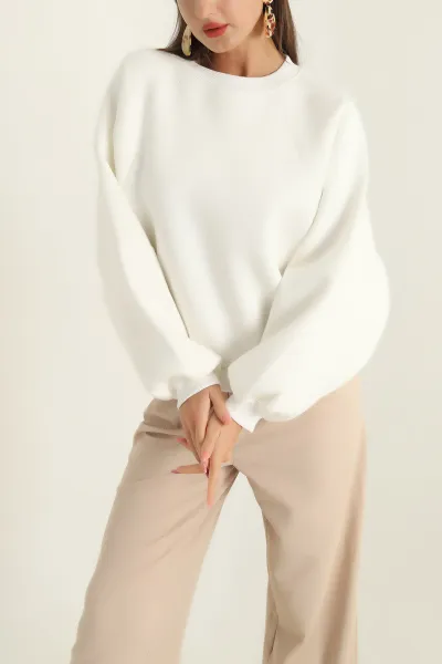 Beyaz Şardonlu Reglan Kol Bayan Sweat 300676