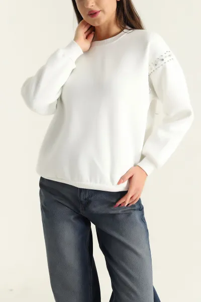 Beyaz Şardonlu Taşlı İki İp Bayan Sweat 304486