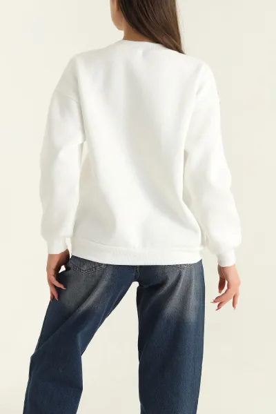 Beyaz Şardonlu Taşlı İki İp Bayan Sweat 304486