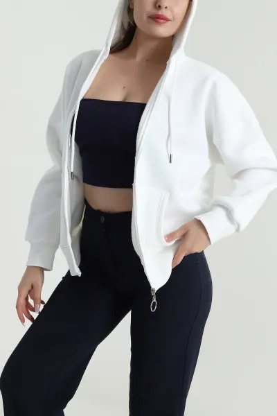 Beyaz Şardonlu Üç İp Fermuarlı Kadın Sweat 484575