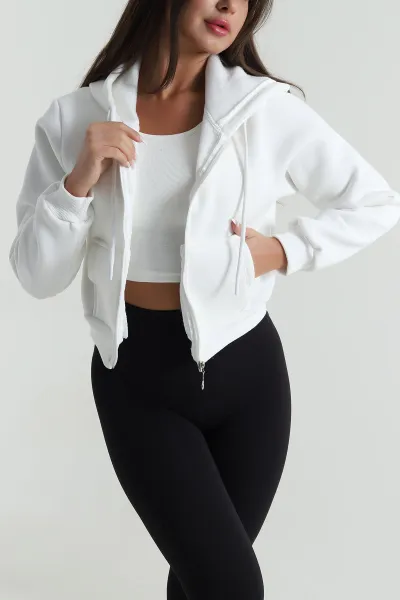 Beyaz Şardonlu Üç İp Fermuarlı Kadın Sweat 488385