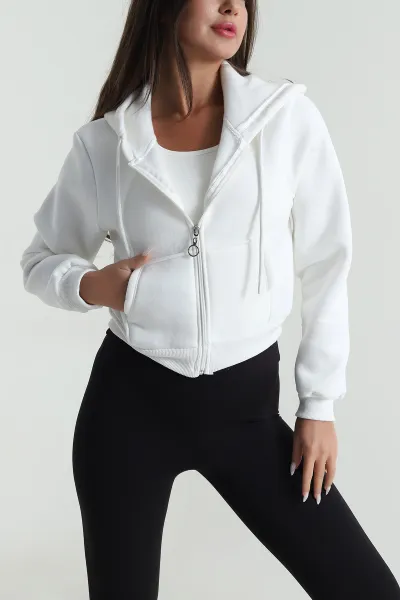 Beyaz Şardonlu Üç İp Fermuarlı Kadın Sweat 488385