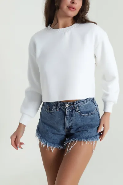 Beyaz Şardonlu Üç İp Kadın Crop Sweat 484589