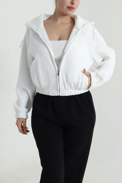 Beyaz Şardonlu Üç İp Kadın Fermuarlı Sweat 487875
