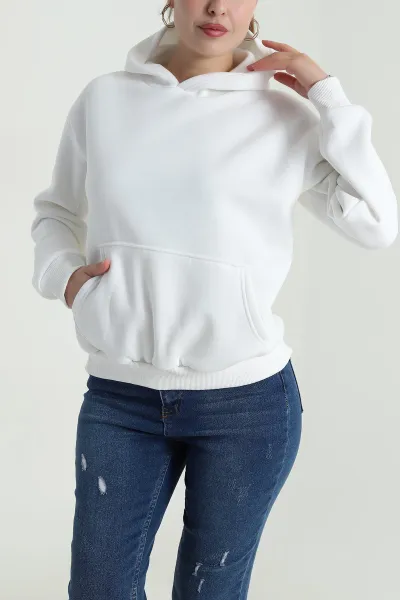 Beyaz Şardonlu Üç İp Kadın Fermuarsız Sweat 484585