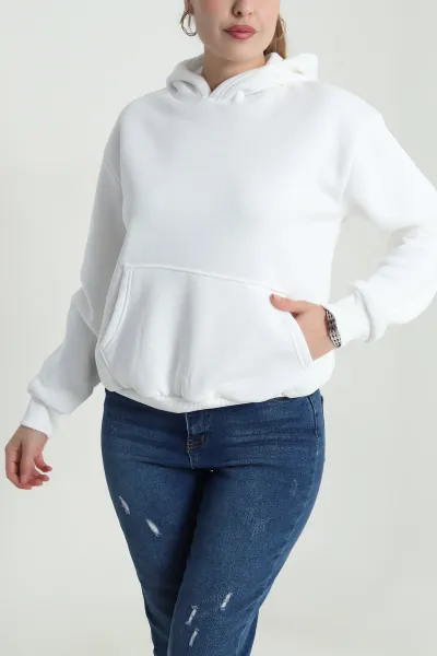 Beyaz Şardonlu Üç İp Kadın Fermuarsız Sweat 484585